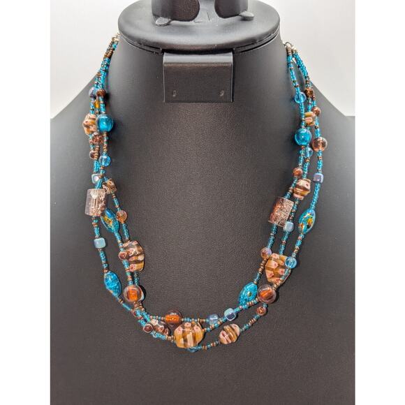 Millefiori Glass Lampwork Aqua Brown Bead Multi-Strand 17"-21" Necklace - Picture 1 of 7